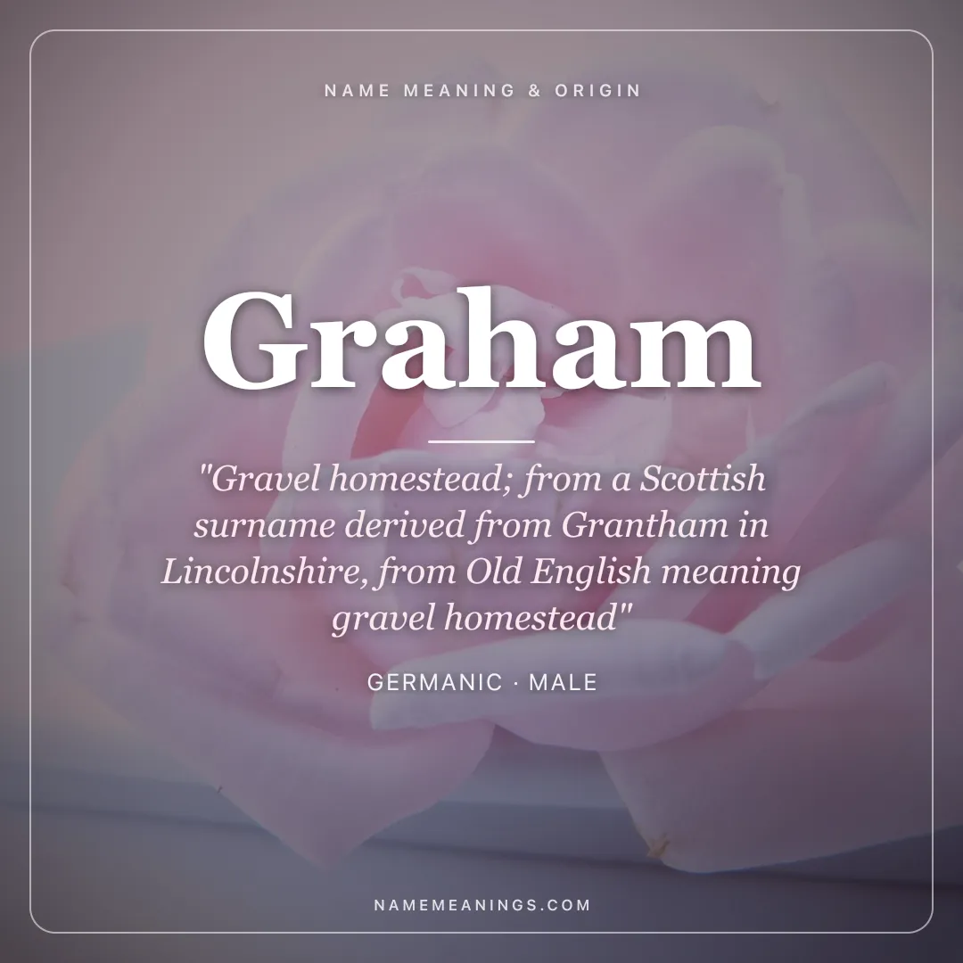 Graham name meaning "Gravel homestead; from a Scottish surname derived from Grantham in Lincolnshire, from Old English meaning gravel homestead" - Germanic male name share card | NameMeanings