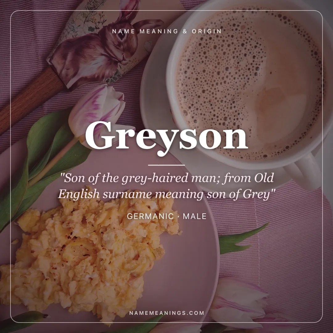 Greyson name meaning "Son of the grey-haired man; from Old English surname meaning son of Grey" - Germanic male name share card | NameMeanings