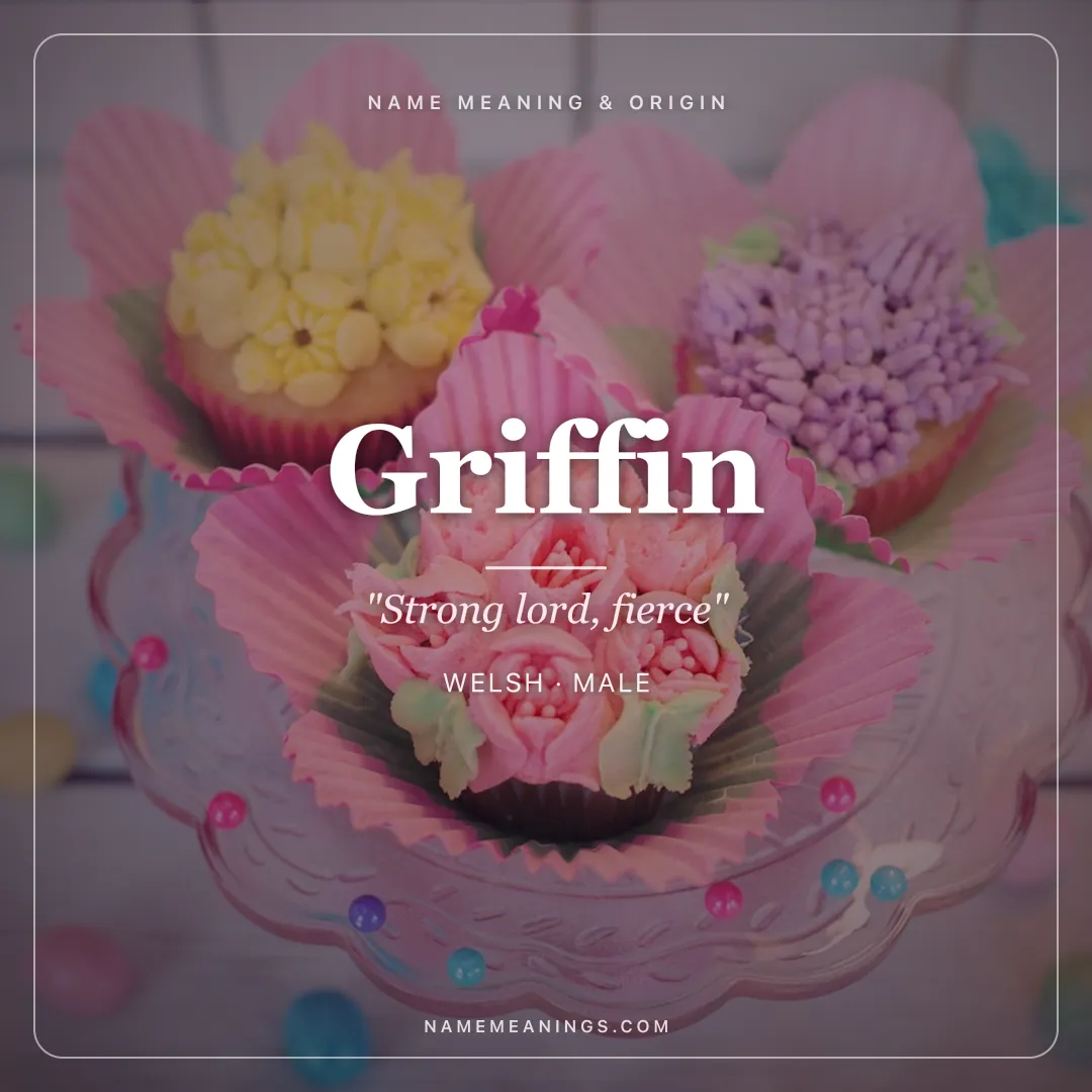 Griffin name meaning "Strong lord, fierce" - Welsh, Latin male name share card | NameMeanings