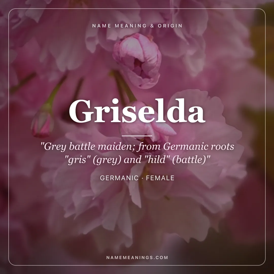 Griselda name meaning "Grey battle maiden; from Germanic roots "gris" (grey) and "hild" (battle)" - Germanic female name share card | NameMeanings
