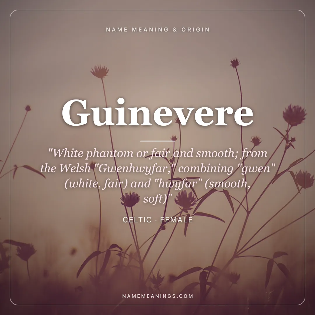 Guinevere name meaning "White phantom or fair and smooth; from the Welsh "Gwenhwyfar," combining "gwen" (white, fair) and "hwyfar" (smooth, soft)" - Celtic female name share card | NameMeanings