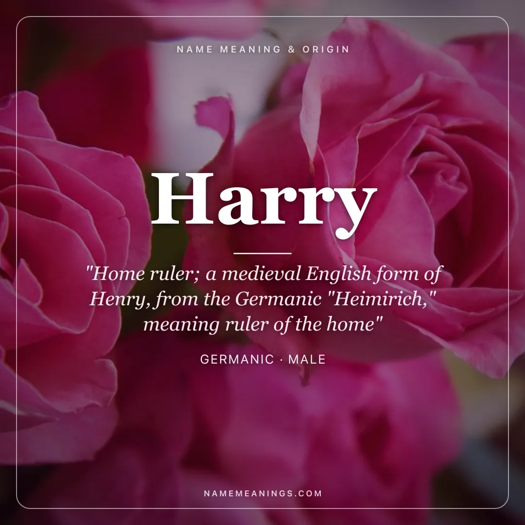 Harry name meaning "Home ruler; a medieval English form of Henry, from the Germanic "Heimirich," meaning ruler of the home" - Germanic male name share card | NameMeanings