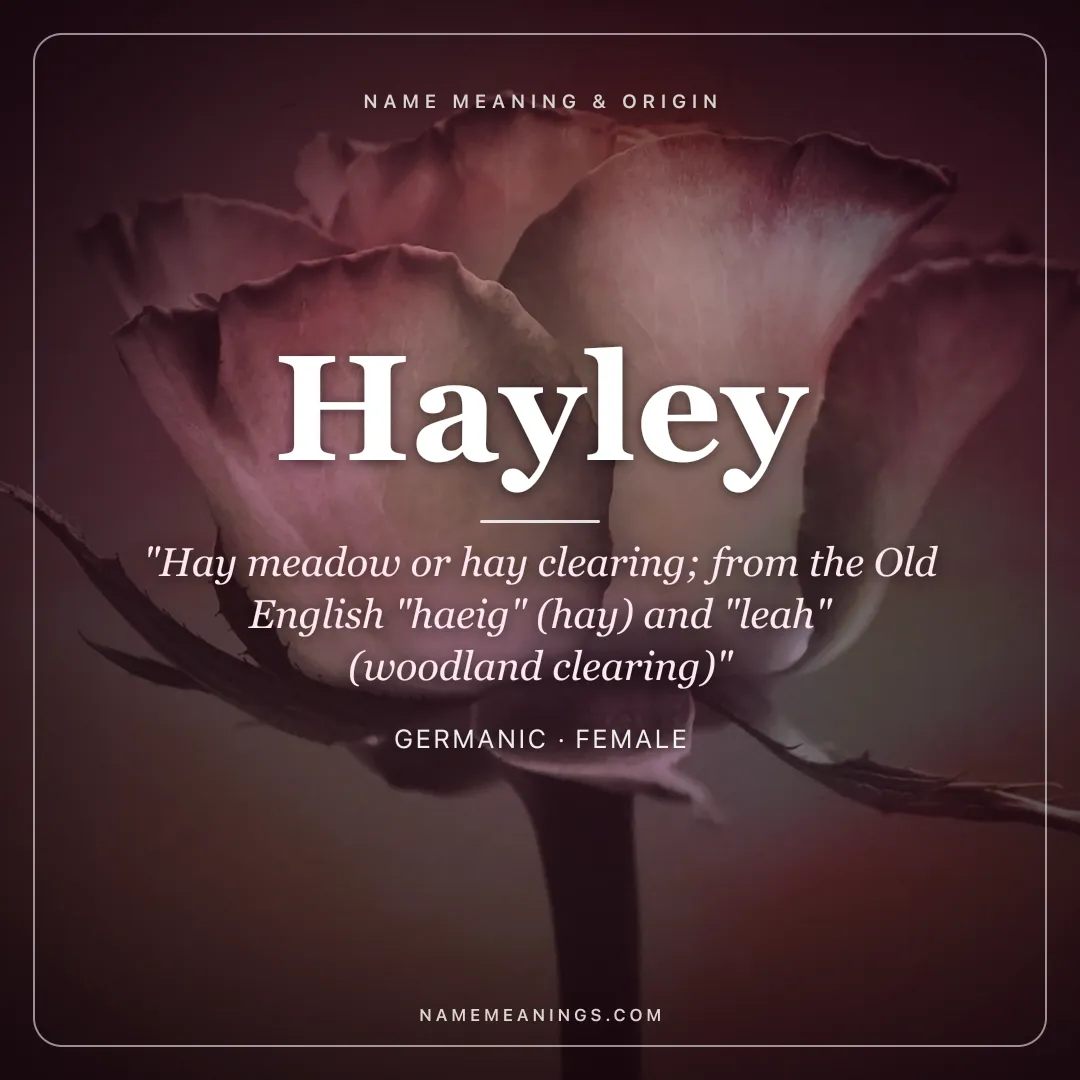 Hayley name meaning "Hay meadow or hay clearing; from the Old English "haeig" (hay) and "leah" (woodland clearing)" - Germanic female name share card | NameMeanings