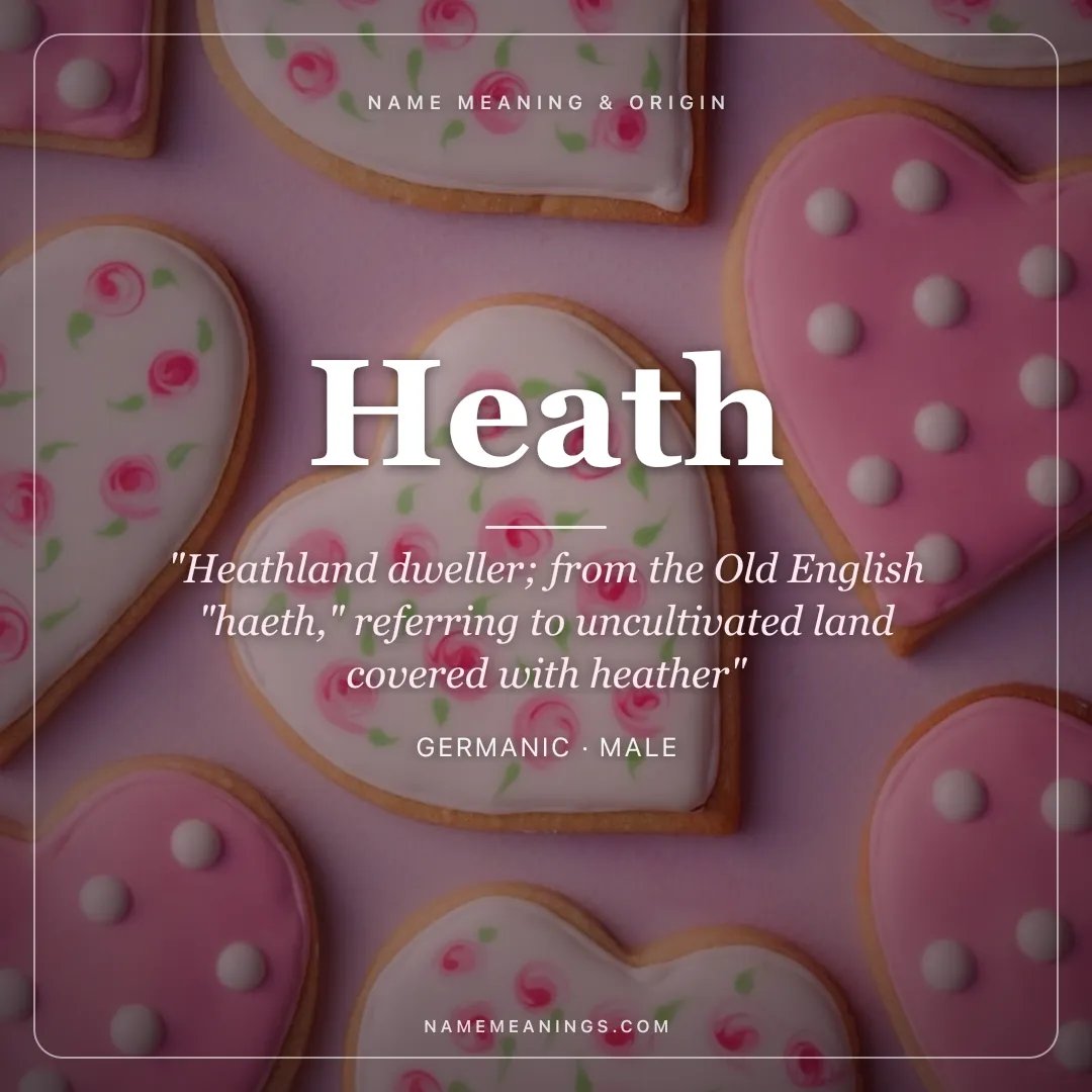 Heath name meaning "Heathland dweller; from the Old English "haeth," referring to uncultivated land covered with heather" - Germanic male name share card | NameMeanings