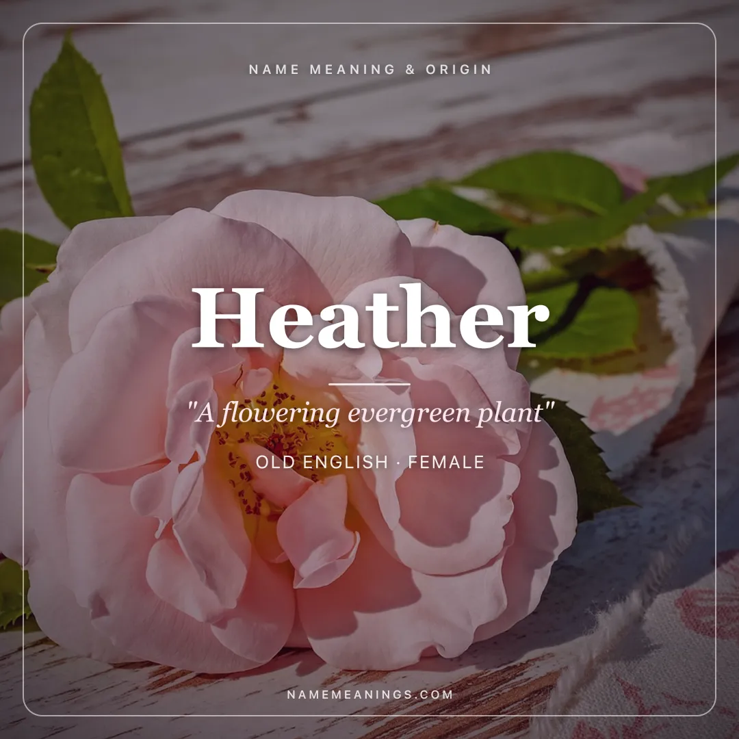 Heather name meaning "A flowering evergreen plant" - Old English female name share card | NameMeanings