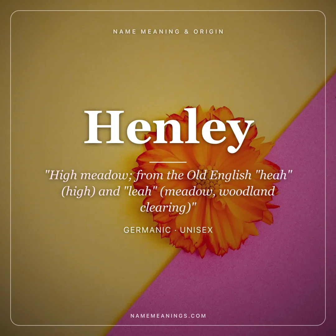 Henley name meaning "High meadow; from the Old English "heah" (high) and "leah" (meadow, woodland clearing)" - Germanic unisex name share card | NameMeanings