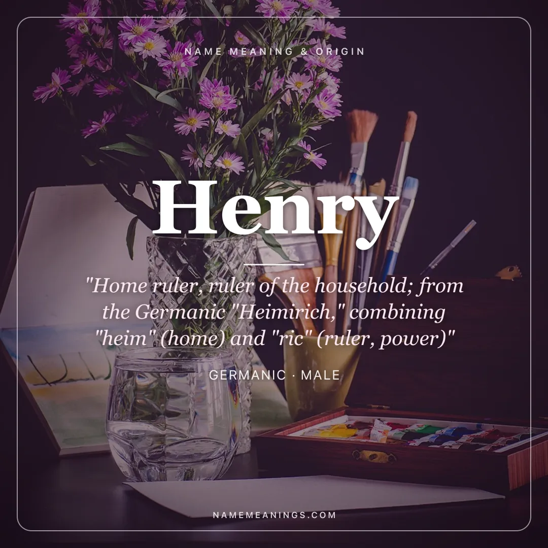 Henry name meaning "Home ruler, ruler of the household; from the Germanic "Heimirich," combining "heim" (home) and "ric" (ruler, power)" - Germanic male name share card | NameMeanings