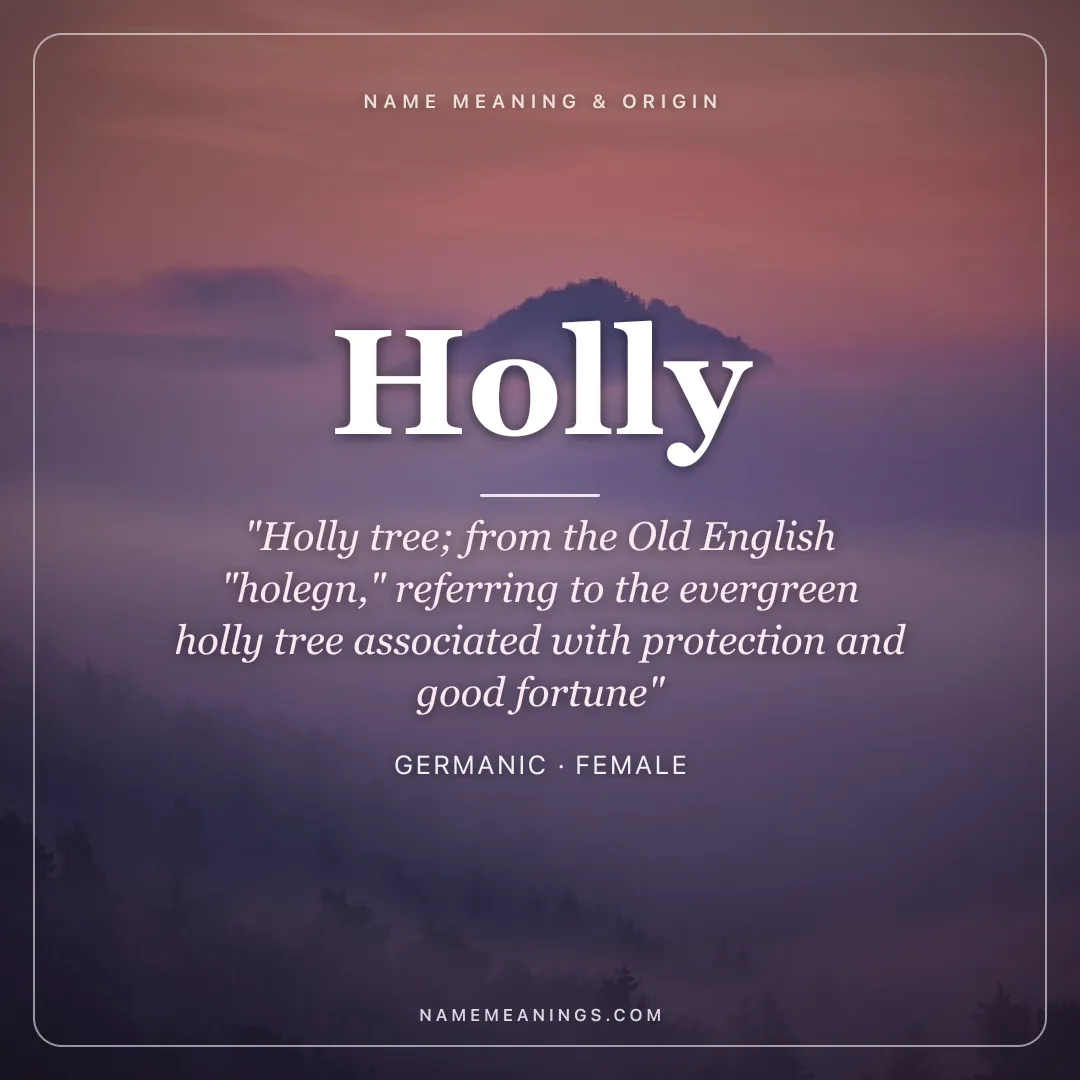 Holly name meaning "Holly tree; from the Old English "holegn," referring to the evergreen holly tree associated with protection and good fortune" - Germanic female name share card | NameMeanings