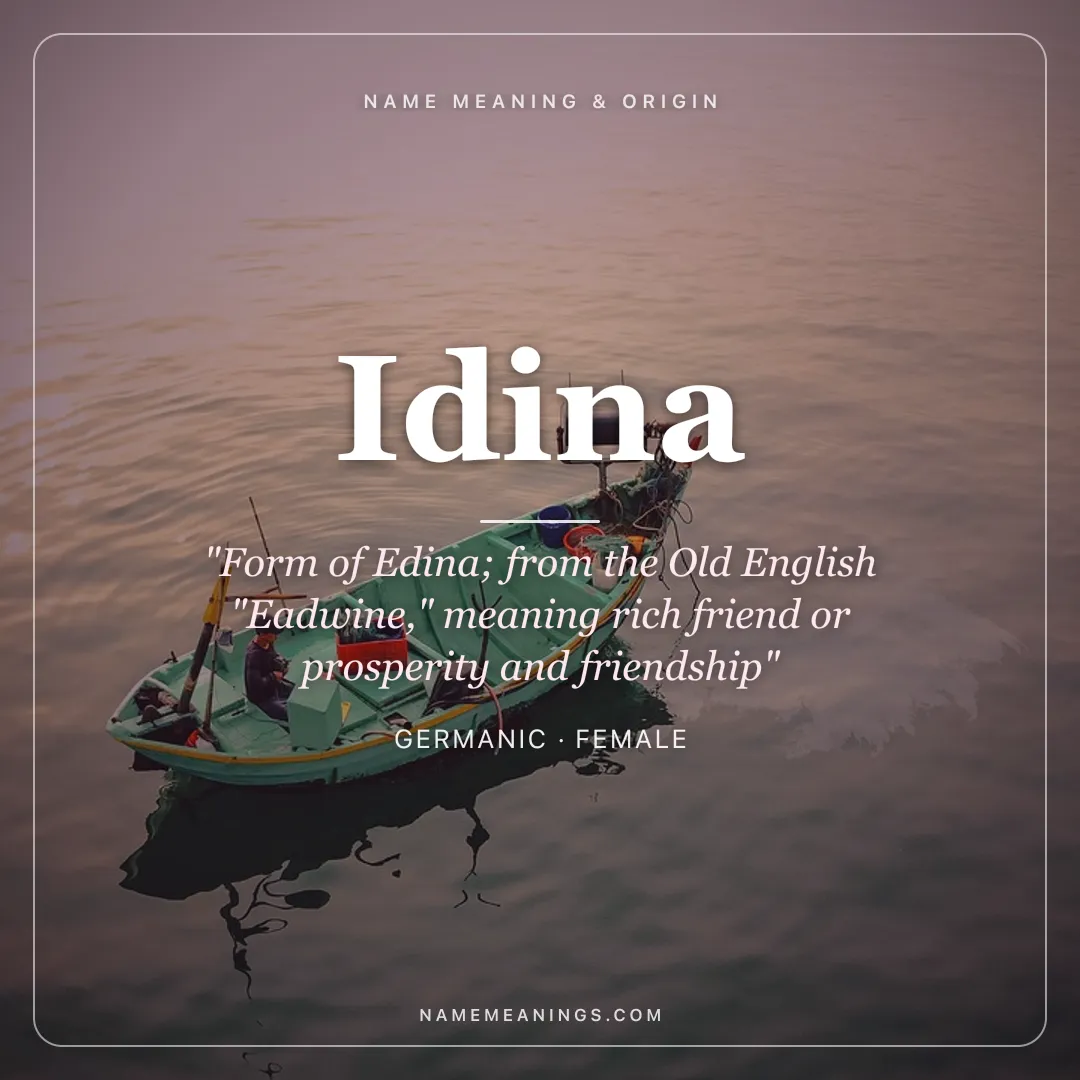 Idina name meaning "Form of Edina; from the Old English "Eadwine," meaning rich friend or prosperity and friendship" - Germanic female name share card | NameMeanings