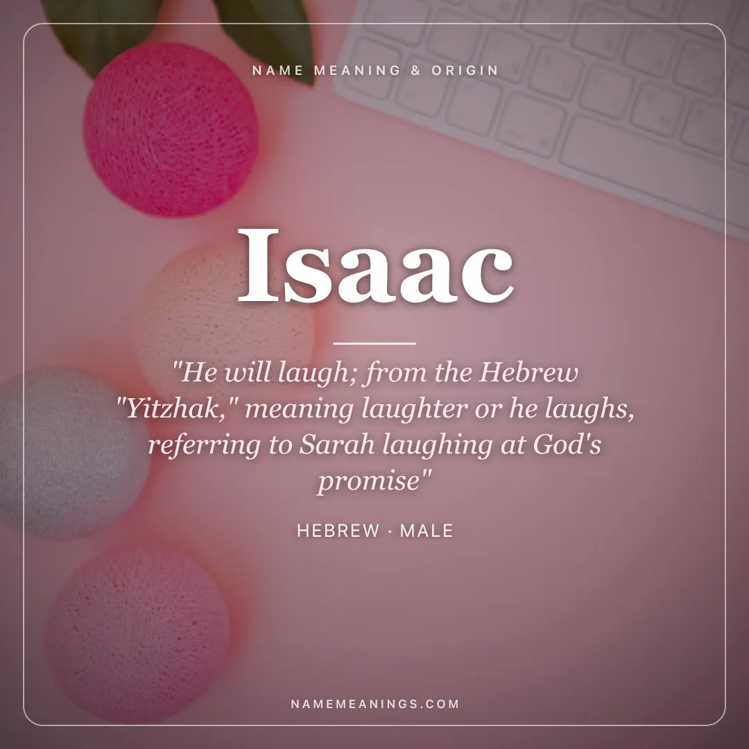 Isaac name meaning "He will laugh; from the Hebrew "Yitzhak," meaning laughter or he laughs, referring to Sarah laughing at God's promise" - Hebrew male name share card | NameMeanings