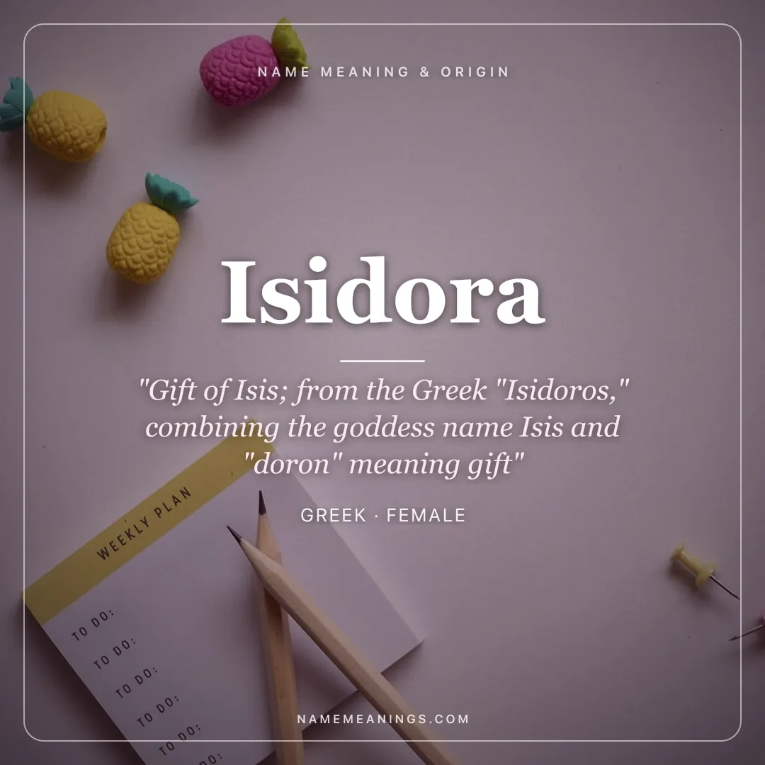 Isidora name meaning "Gift of Isis; from the Greek "Isidoros," combining the goddess name Isis and "doron" meaning gift" - Greek female name share card | NameMeanings