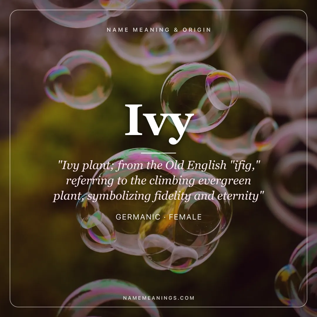 Ivy name meaning "Ivy plant; from the Old English "ifig," referring to the climbing evergreen plant, symbolizing fidelity and eternity" - Germanic female name share card | NameMeanings