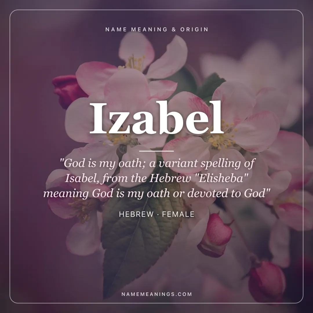 Izabel name meaning "God is my oath; a variant spelling of Isabel, from the Hebrew "Elisheba" meaning God is my oath or devoted to God" - Hebrew female name share card | NameMeanings