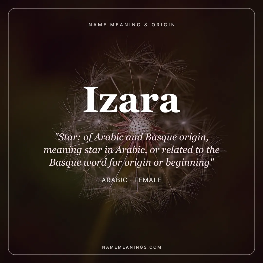 Izara name meaning "Star; of Arabic and Basque origin, meaning star in Arabic, or related to the Basque word for origin or beginning" - Arabic female name share card | NameMeanings