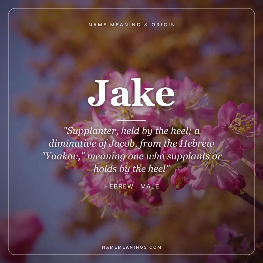 Jake name meaning "Supplanter, held by the heel; a diminutive of Jacob, from the Hebrew "Yaakov," meaning one who supplants or holds by the heel" - Hebrew male name share card | NameMeanings