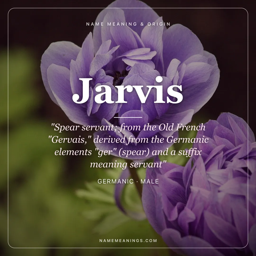 Jarvis name meaning "Spear servant; from the Old French "Gervais," derived from the Germanic elements "ger" (spear) and a suffix meaning servant" - Germanic male name share card | NameMeanings
