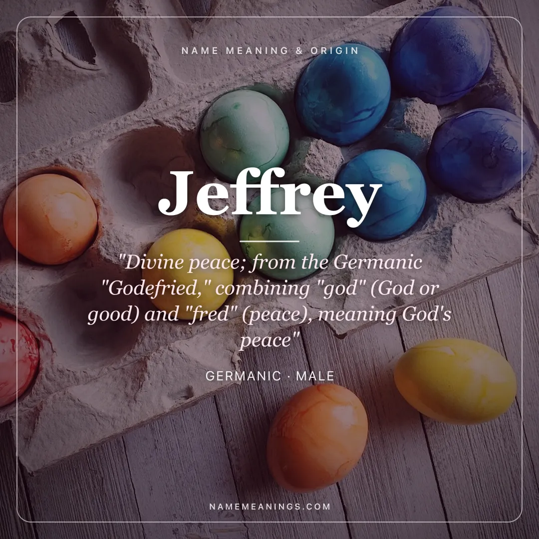 Jeffrey name meaning "Divine peace; from the Germanic "Godefried," combining "god" (God or good) and "fred" (peace), meaning God's peace" - Germanic male name share card | NameMeanings