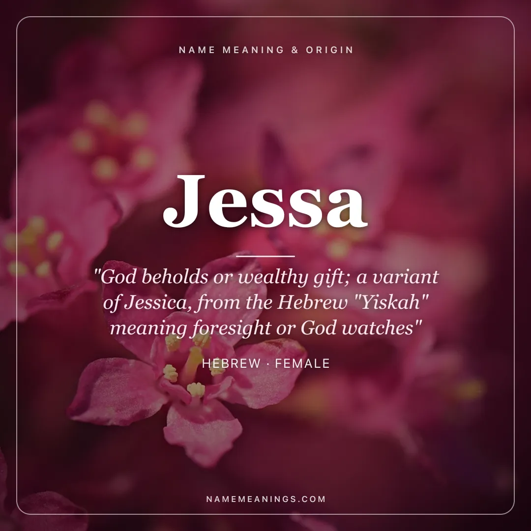 Jessa name meaning "God beholds or wealthy gift; a variant of Jessica, from the Hebrew "Yiskah" meaning foresight or God watches" - Hebrew female name share card | NameMeanings