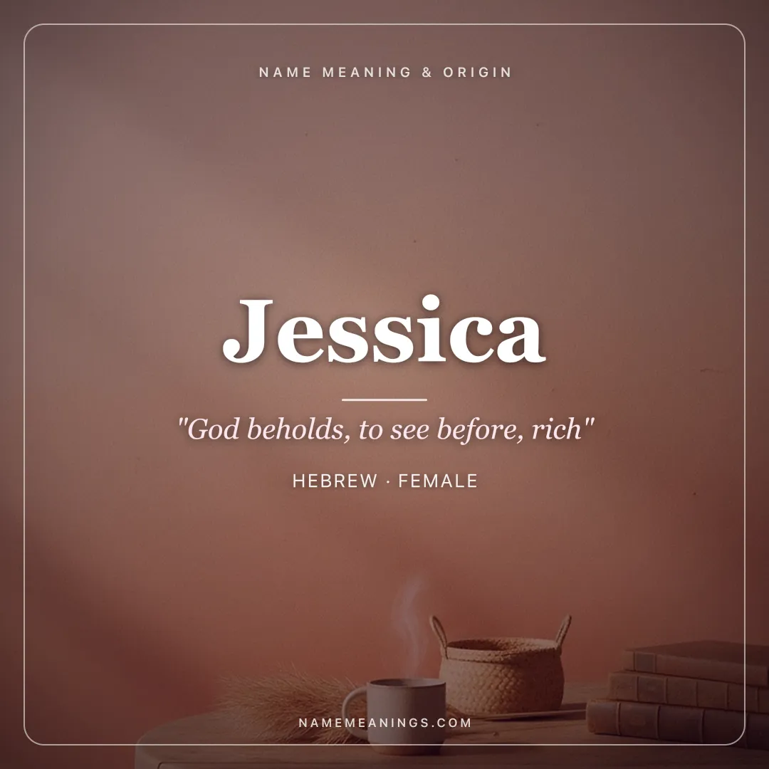 Jessica name meaning "God beholds, to see before, rich" - Hebrew female name share card | NameMeanings