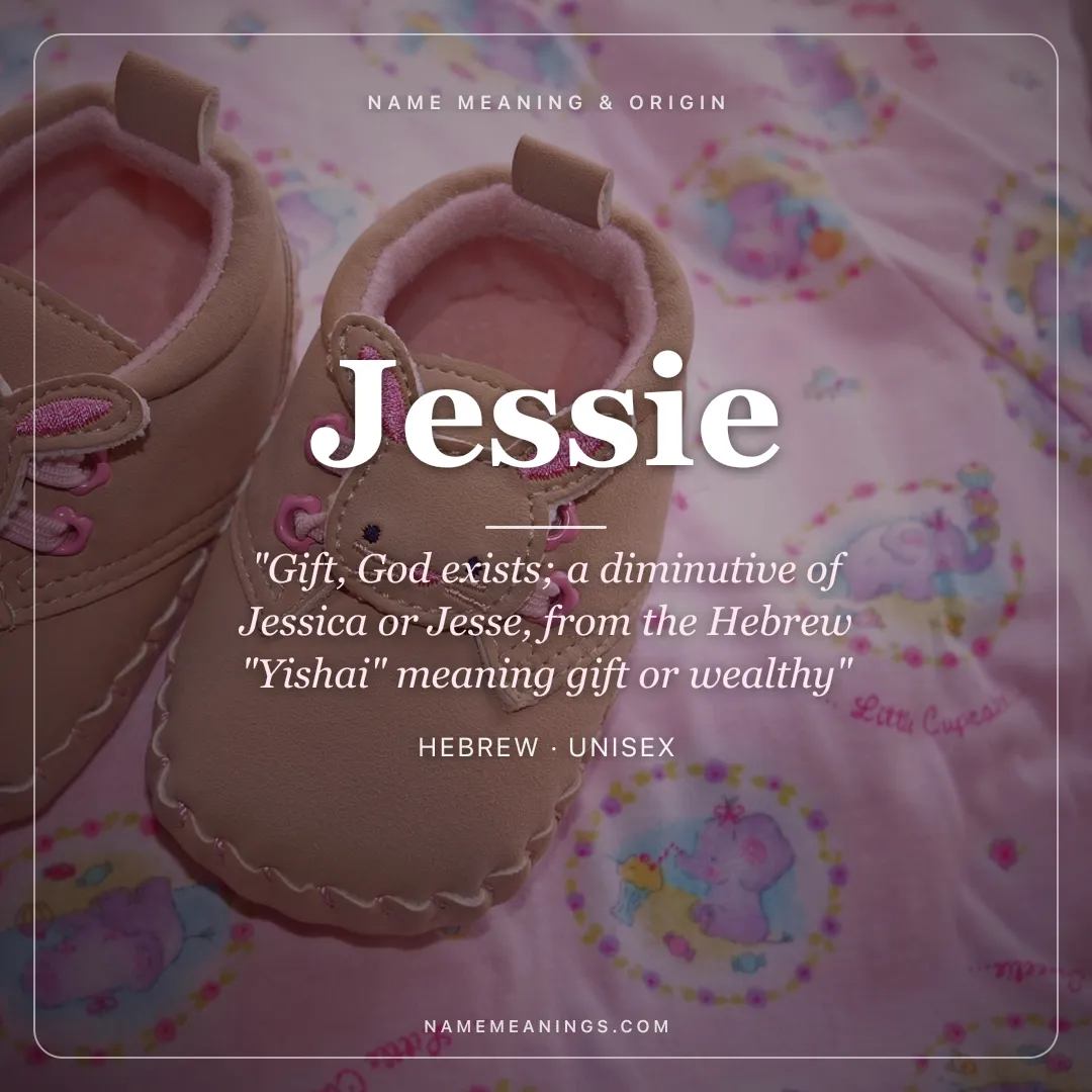 Jessie name meaning "Gift, God exists; a diminutive of Jessica or Jesse, from the Hebrew "Yishai" meaning gift or wealthy" - Hebrew unisex name share card | NameMeanings