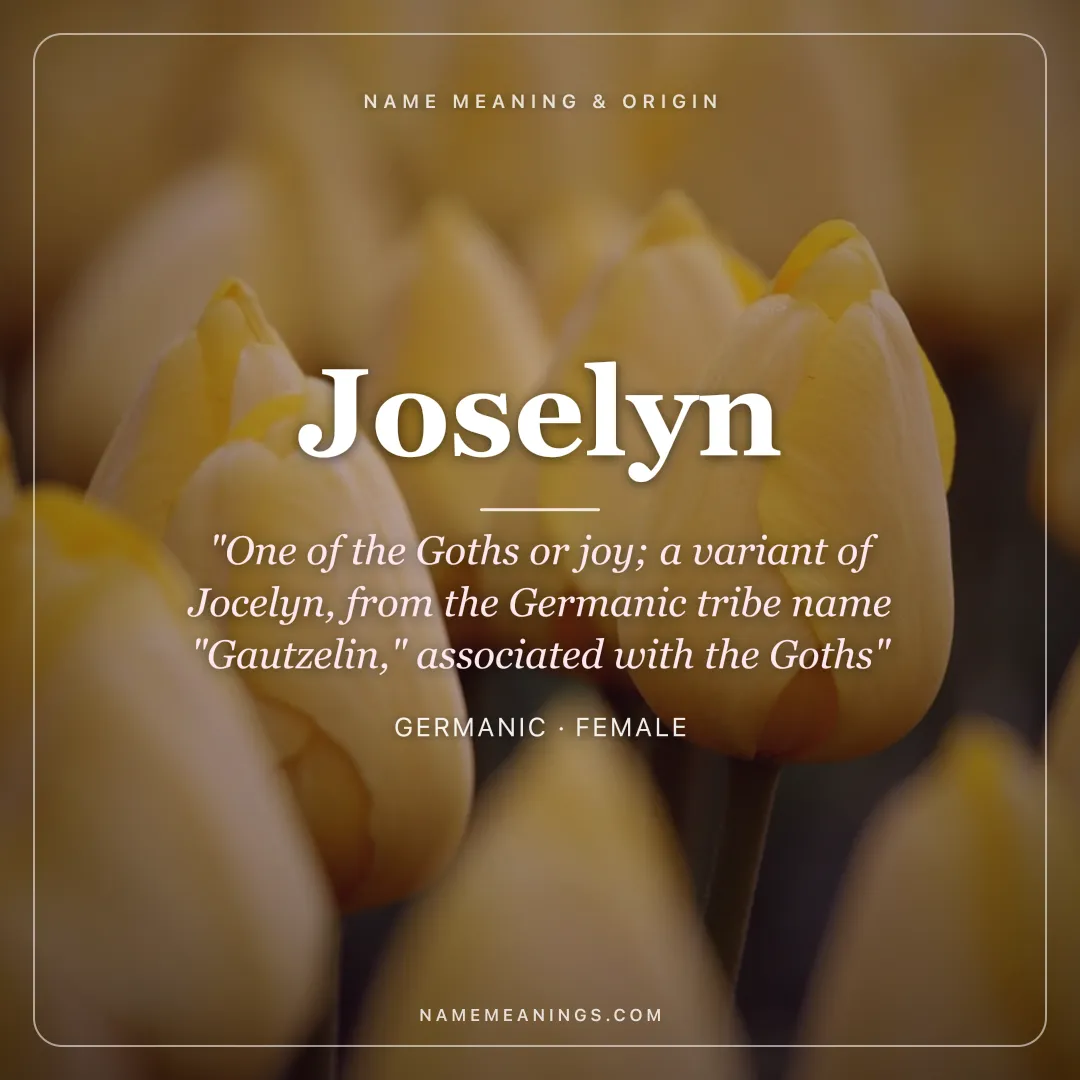 Joselyn name meaning "One of the Goths or joy; a variant of Jocelyn, from the Germanic tribe name "Gautzelin," associated with the Goths" - Germanic female name share card | NameMeanings