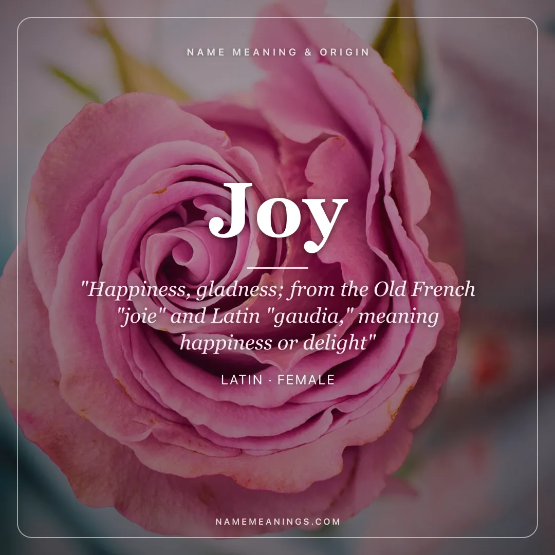 Joy name meaning "Happiness, gladness; from the Old French "joie" and Latin "gaudia," meaning happiness or delight" - Latin female name share card | NameMeanings