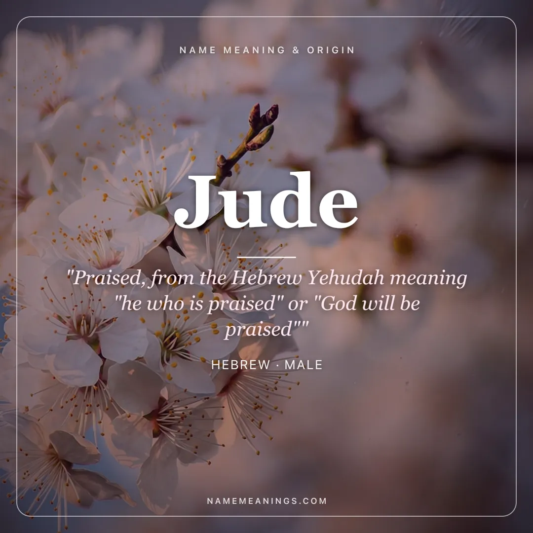 Jude name meaning "Praised, from the Hebrew Yehudah meaning "he who is praised" or "God will be praised"" - Hebrew male name share card | NameMeanings
