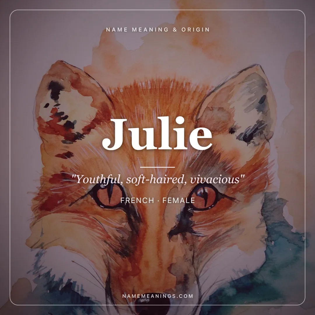 Julie name meaning "Youthful, soft-haired, vivacious" - French, Latin female name share card | NameMeanings