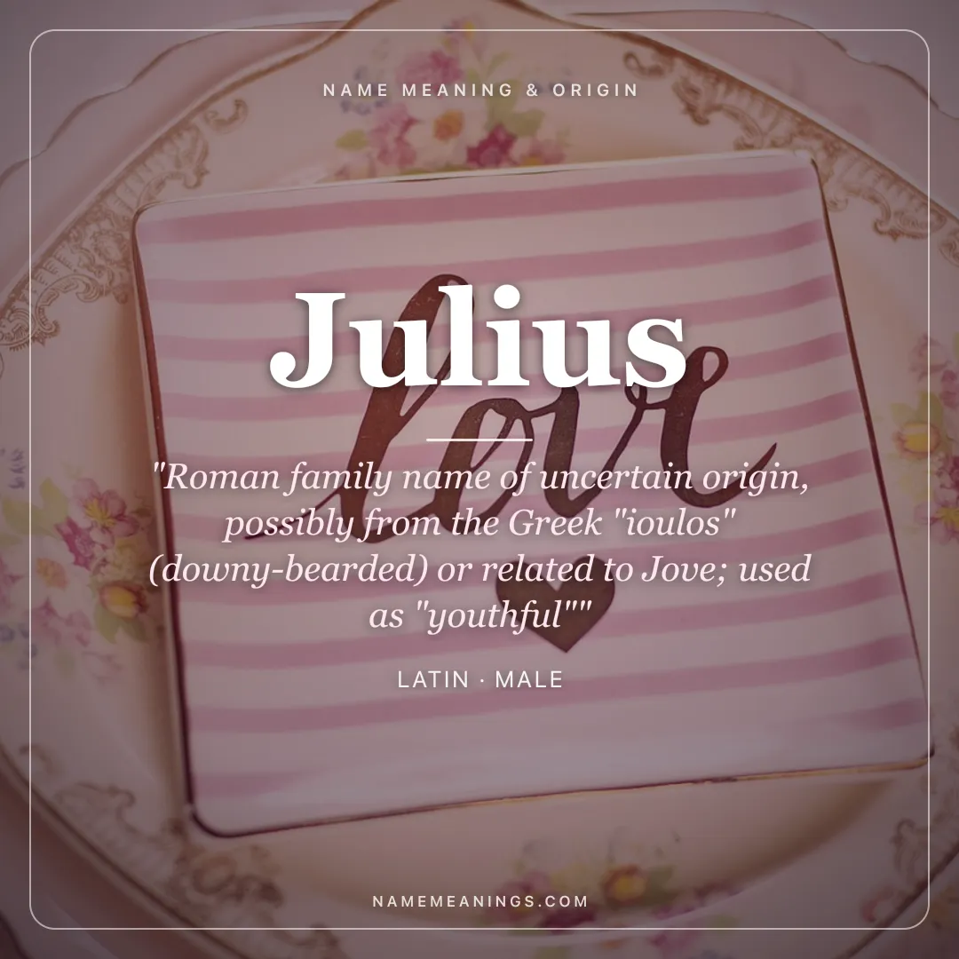 Julius name meaning "Roman family name of uncertain origin, possibly from the Greek "ioulos" (downy-bearded) or related to Jove; used as "youthful"" - Latin male name share card | NameMeanings