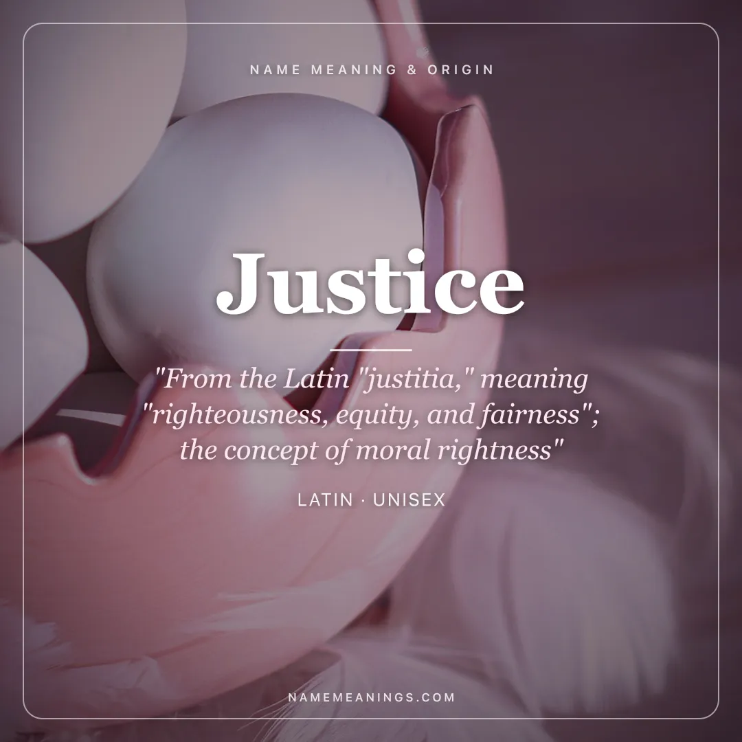 Justice name meaning "From the Latin "justitia," meaning "righteousness, equity, and fairness"; the concept of moral rightness" - Latin unisex name share card | NameMeanings