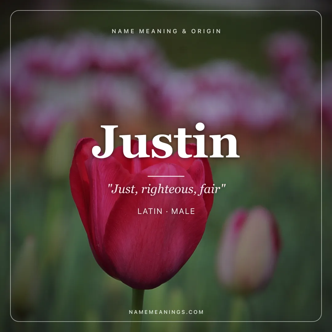 Justin name meaning "Just, righteous, fair" - Latin male name share card | NameMeanings