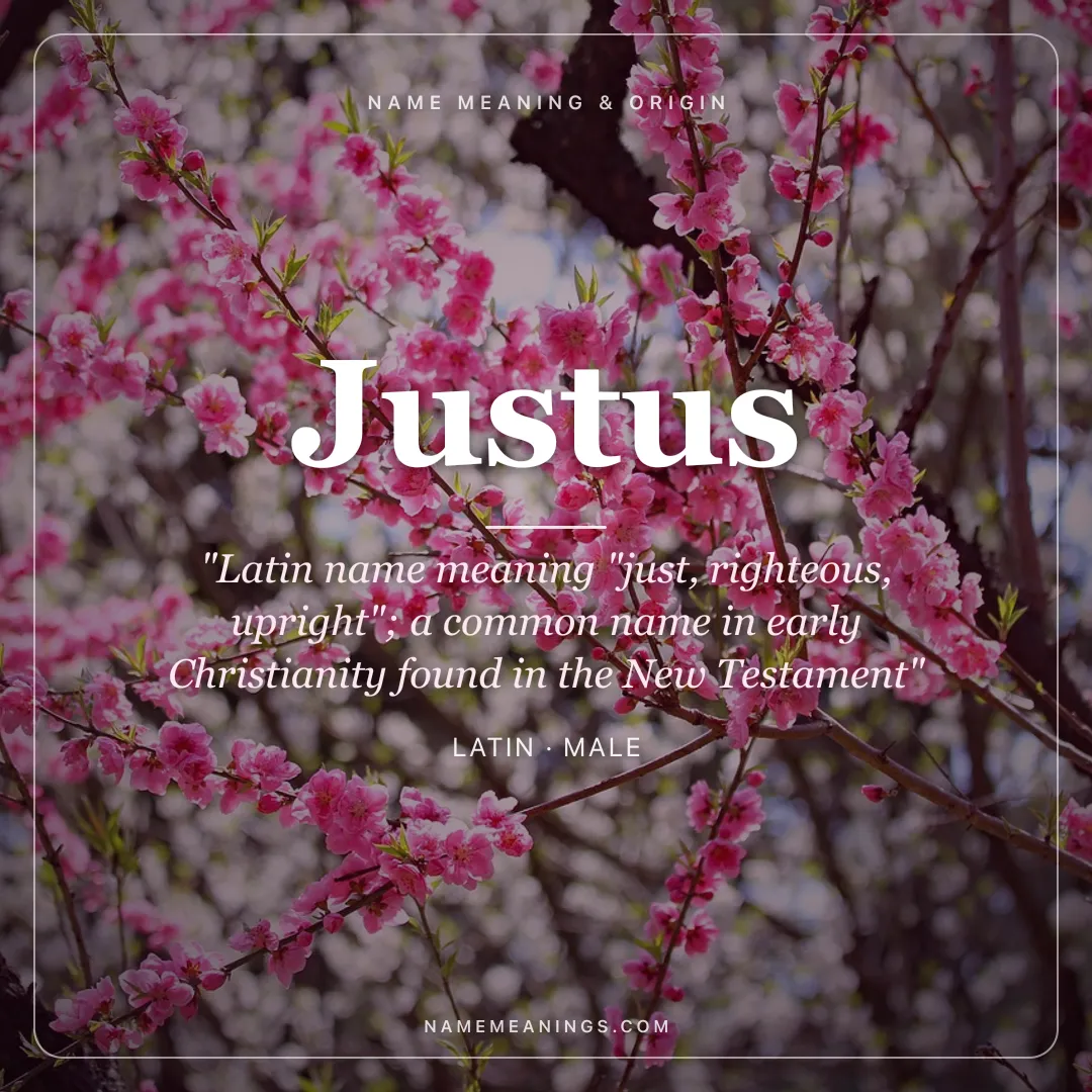 Justus name meaning "Latin name meaning "just, righteous, upright"; a common name in early Christianity found in the New Testament" - Latin male name share card | NameMeanings