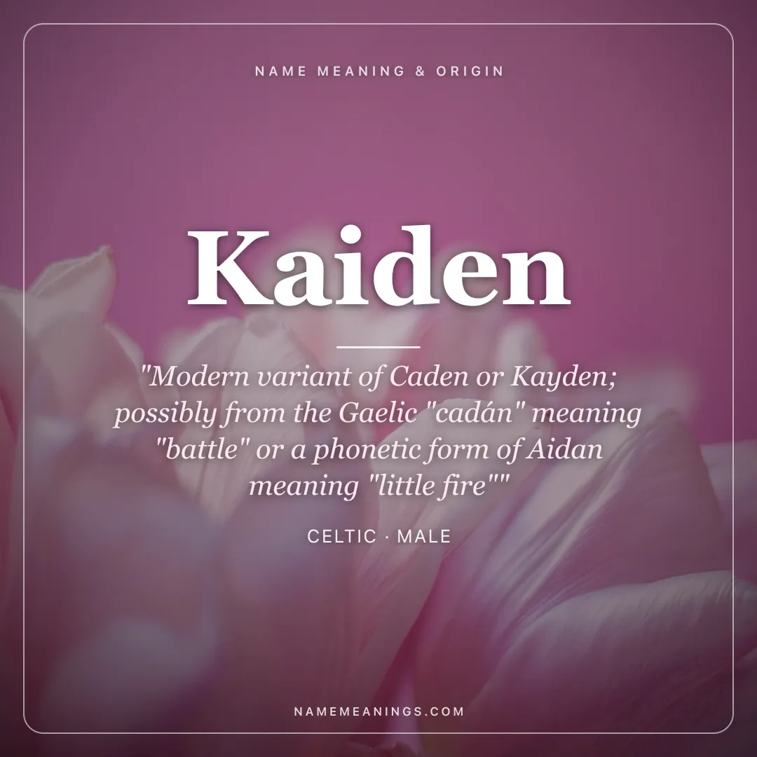 Kaiden name meaning "Modern variant of Caden or Kayden; possibly from the Gaelic "cadán" meaning "battle" or a phonetic form of Aidan meaning "little fire"" - Celtic male name share card | NameMeanings