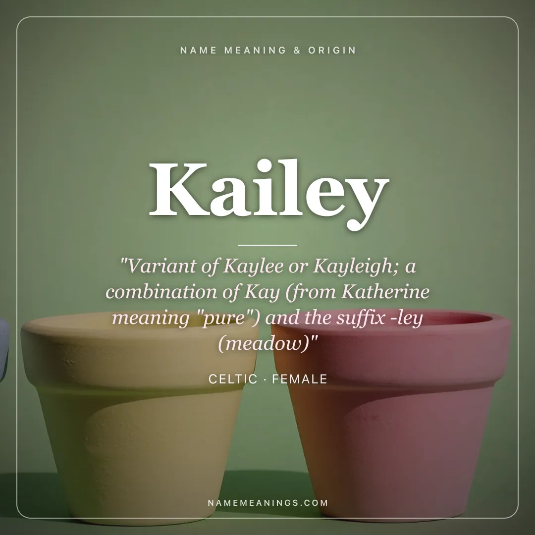 Kailey name meaning "Variant of Kaylee or Kayleigh; a combination of Kay (from Katherine meaning "pure") and the suffix -ley (meadow)" - Celtic female name share card | NameMeanings