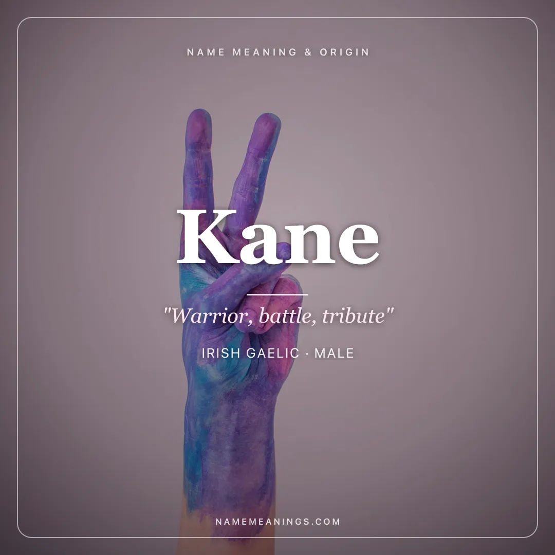 Kane name meaning "Warrior, battle, tribute" - Irish Gaelic, Welsh male name share card | NameMeanings