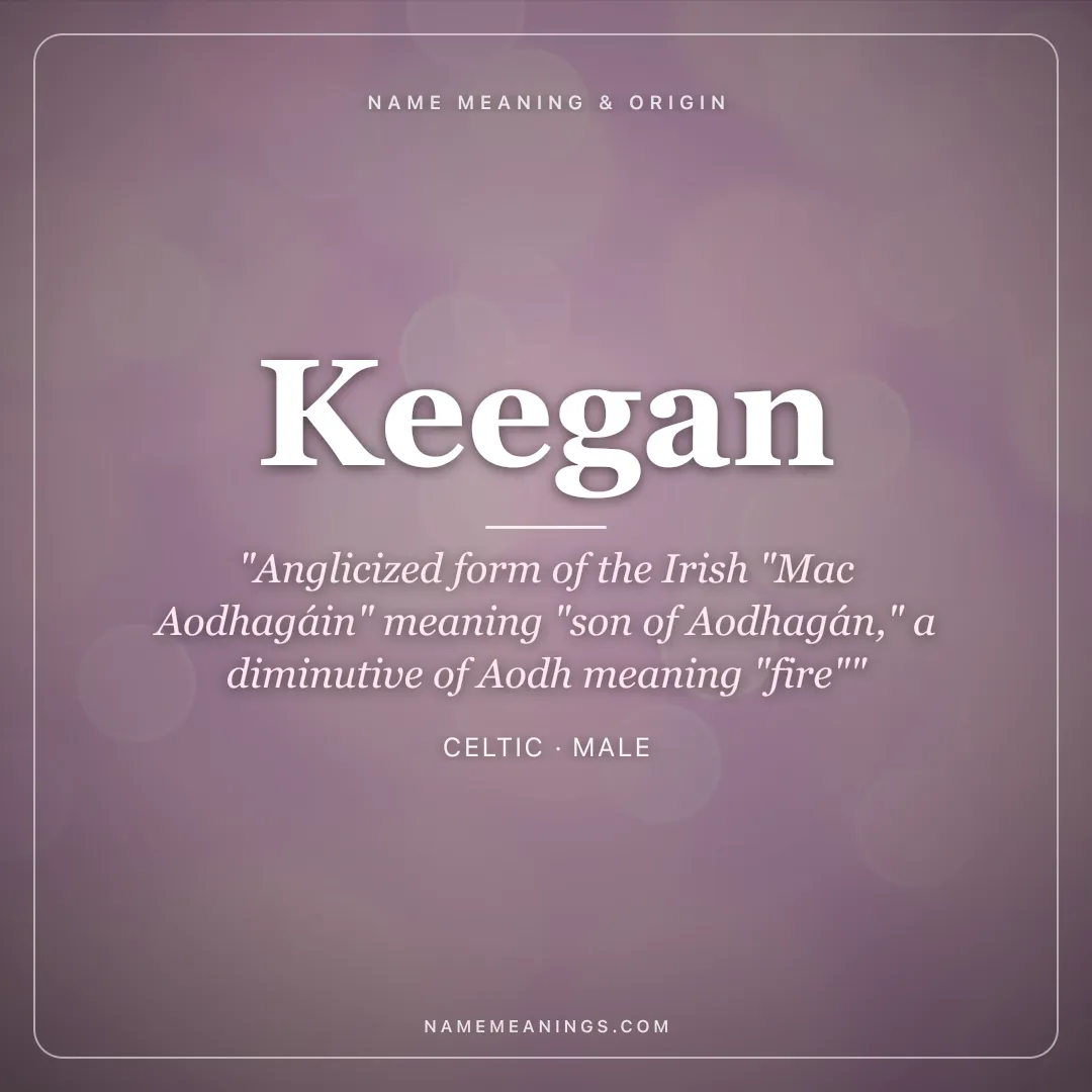 Keegan name meaning "Anglicized form of the Irish "Mac Aodhagáin" meaning "son of Aodhagán," a diminutive of Aodh meaning "fire"" - Celtic male name share card | NameMeanings