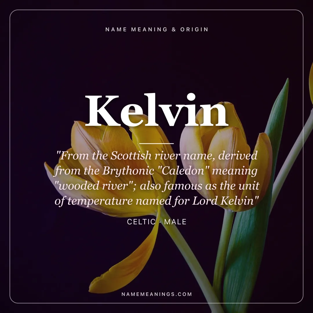 Kelvin name meaning "From the Scottish river name, derived from the Brythonic "Caledon" meaning "wooded river"; also famous as the unit of temperature named for Lord Kelvin" - Celtic male name share card | NameMeanings