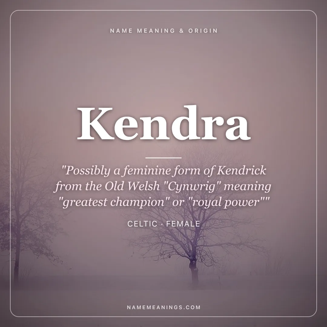 Kendra name meaning "Possibly a feminine form of Kendrick from the Old Welsh "Cynwrig" meaning "greatest champion" or "royal power"" - Celtic female name share card | NameMeanings