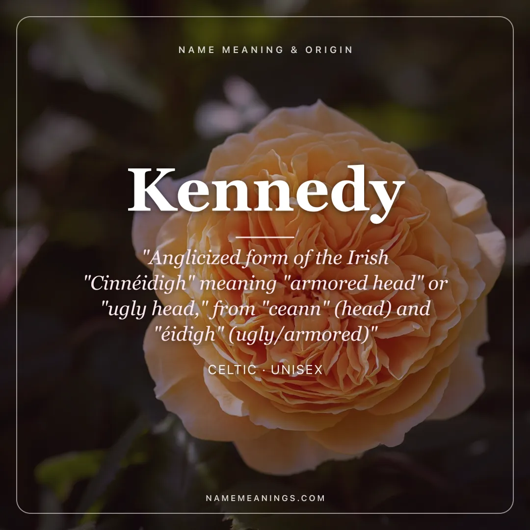 Kennedy name meaning "Anglicized form of the Irish "Cinnéidigh" meaning "armored head" or "ugly head," from "ceann" (head) and "éidigh" (ugly/armored)" - Celtic unisex name share card | NameMeanings