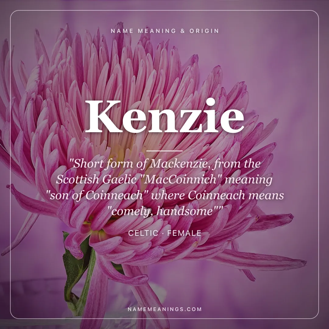 Kenzie name meaning "Short form of Mackenzie, from the Scottish Gaelic "MacCoinnich" meaning "son of Coinneach" where Coinneach means "comely, handsome"" - Celtic female name share card | NameMeanings