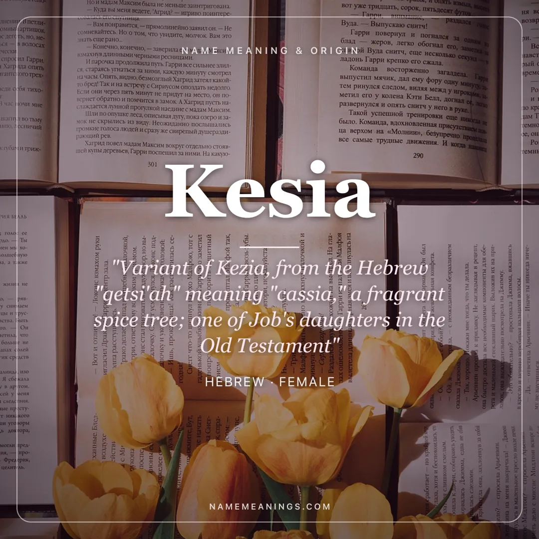 Kesia name meaning "Variant of Kezia, from the Hebrew "qetsi'ah" meaning "cassia," a fragrant spice tree; one of Job's daughters in the Old Testament" - Hebrew female name share card | NameMeanings