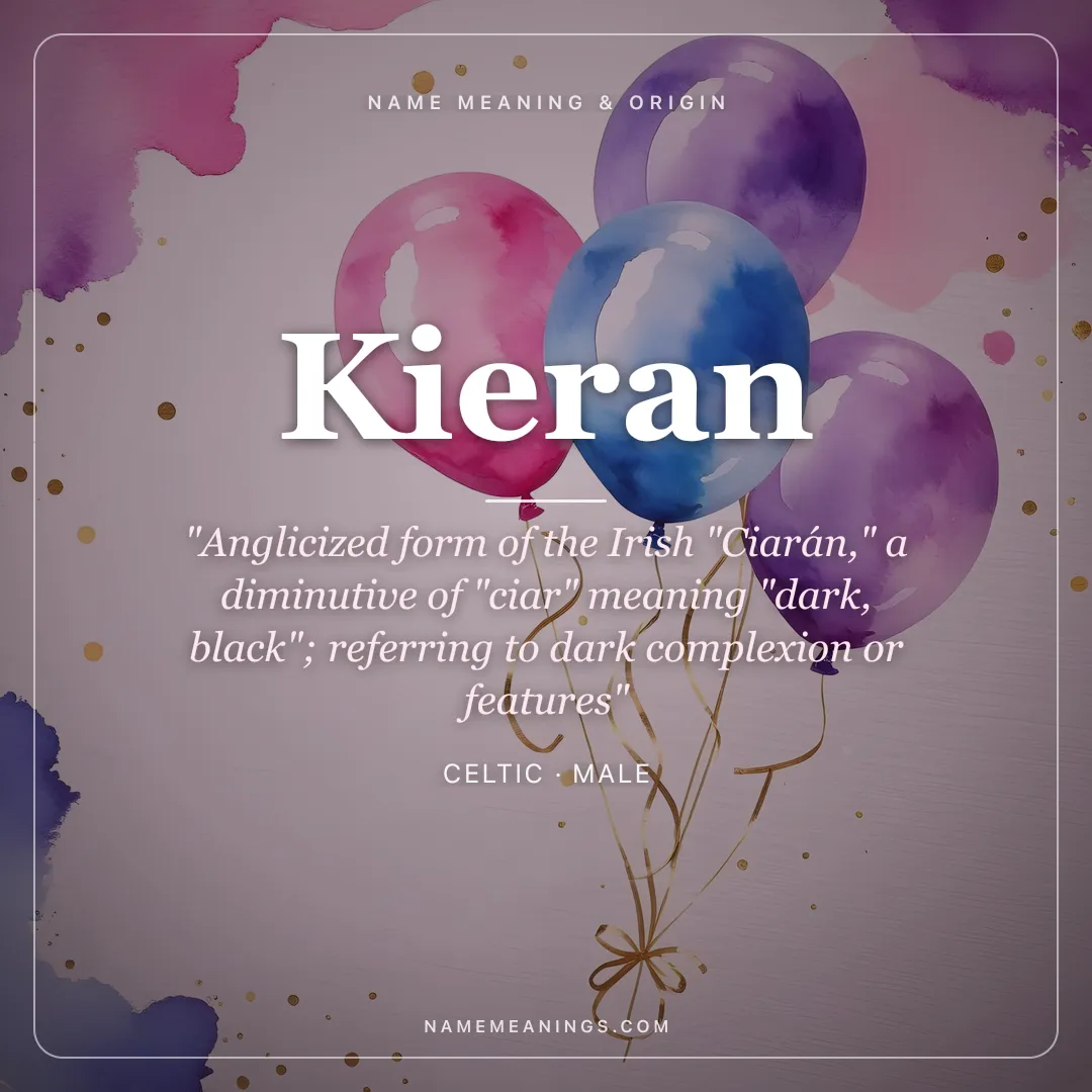Kieran name meaning "Anglicized form of the Irish "Ciarán," a diminutive of "ciar" meaning "dark, black"; referring to dark complexion or features" - Celtic male name share card | NameMeanings