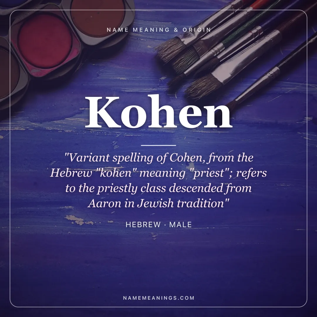 Kohen name meaning "Variant spelling of Cohen, from the Hebrew "kohen" meaning "priest"; refers to the priestly class descended from Aaron in Jewish tradition" - Hebrew male name share card | NameMeanings