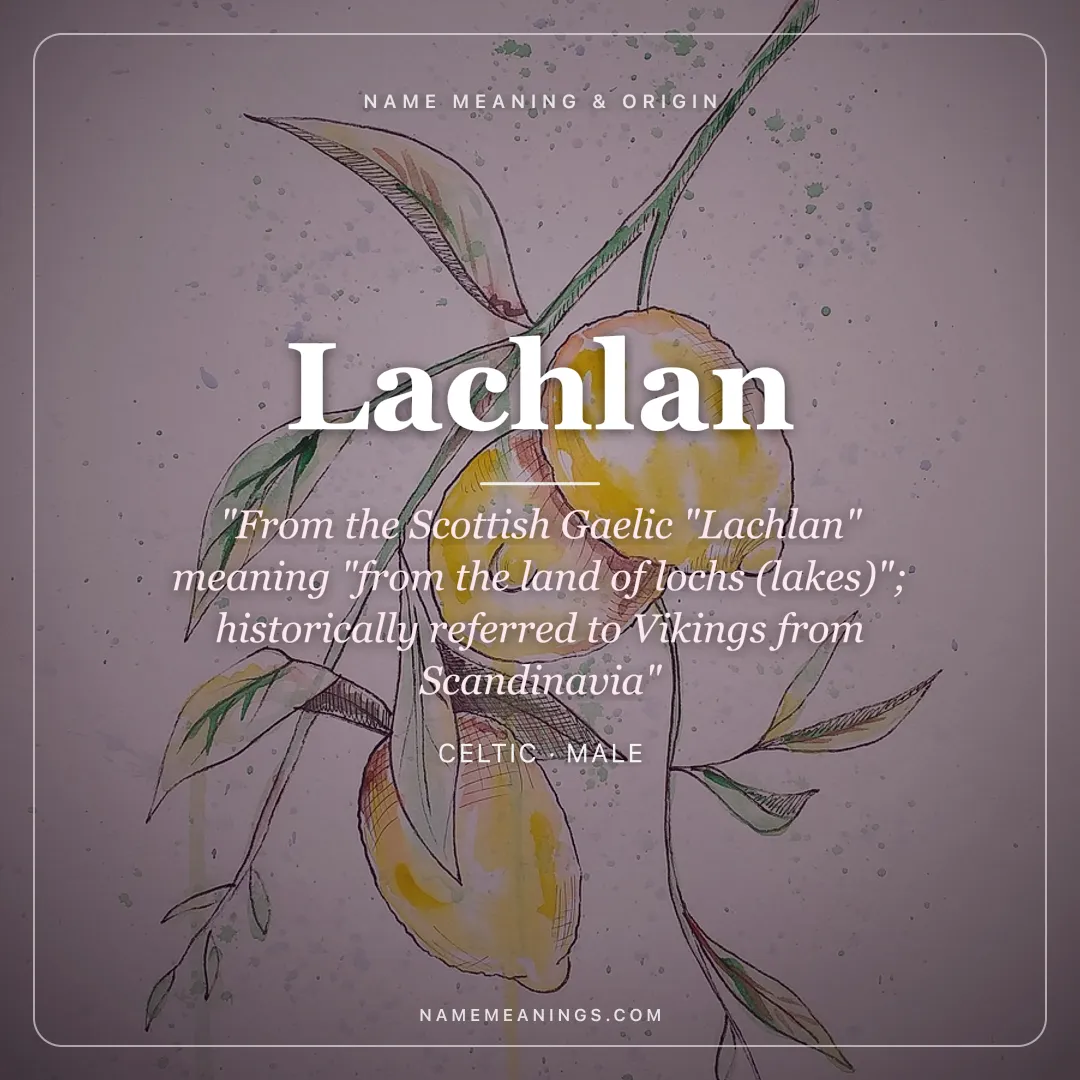 Lachlan name meaning "From the Scottish Gaelic "Lachlan" meaning "from the land of lochs (lakes)"; historically referred to Vikings from Scandinavia" - Celtic male name share card | NameMeanings