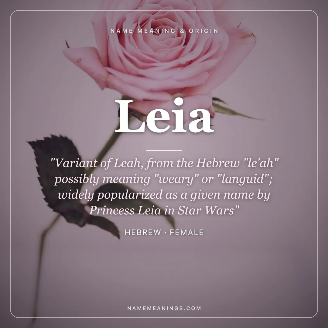 Leia name meaning "Variant of Leah, from the Hebrew "le'ah" possibly meaning "weary" or "languid"; widely popularized as a given name by Princess Leia in Star Wars" - Hebrew female name share card | NameMeanings