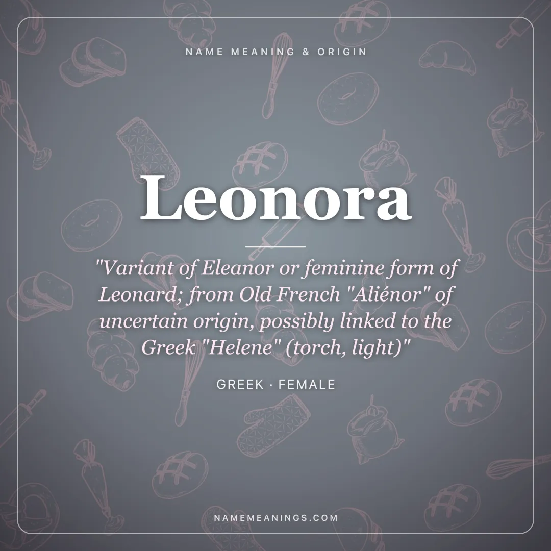 Leonora name meaning "Variant of Eleanor or feminine form of Leonard; from Old French "Aliénor" of uncertain origin, possibly linked to the Greek "Helene" (torch, light)" - Greek female name share card | NameMeanings
