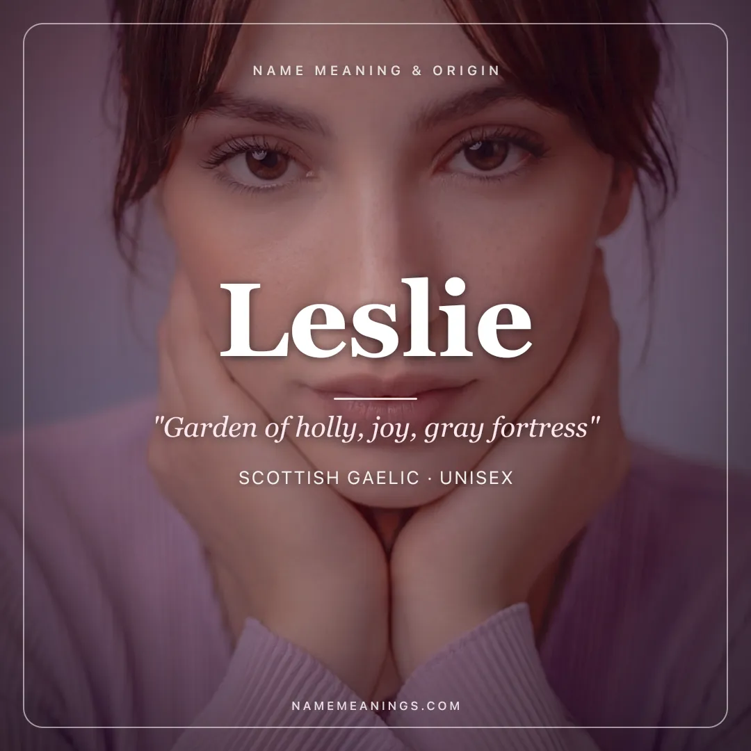Leslie name meaning "Garden of holly, joy, gray fortress" - Scottish Gaelic unisex name share card | NameMeanings