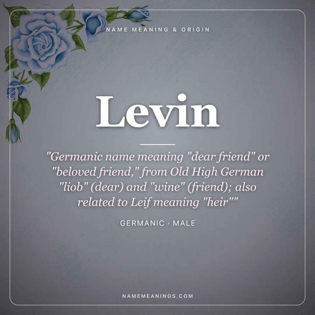Levin name meaning "Germanic name meaning "dear friend" or "beloved friend," from Old High German "liob" (dear) and "wine" (friend); also related to Leif meaning "heir"" - Germanic male name share card | NameMeanings