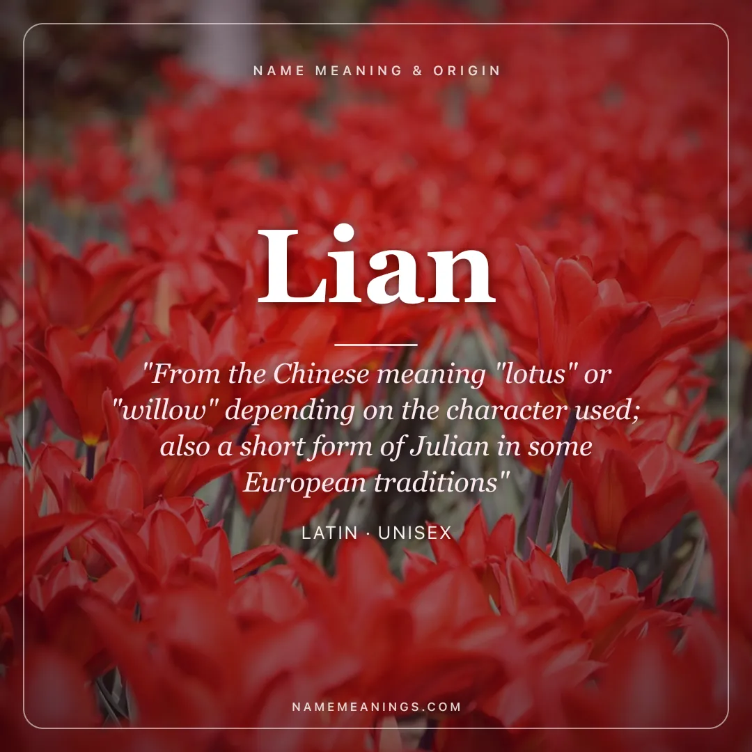 Lian name meaning "From the Chinese meaning "lotus" or "willow" depending on the character used; also a short form of Julian in some European traditions" - Latin unisex name share card | NameMeanings