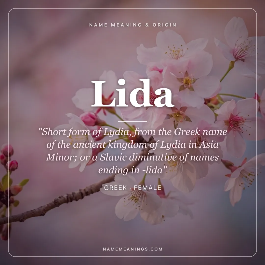 Lida name meaning "Short form of Lydia, from the Greek name of the ancient kingdom of Lydia in Asia Minor; or a Slavic diminutive of names ending in -lida" - Greek female name share card | NameMeanings